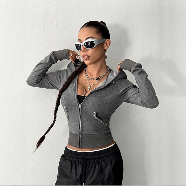 Damen modische Zip-Hoodie mit Silberschmuck-Details EB