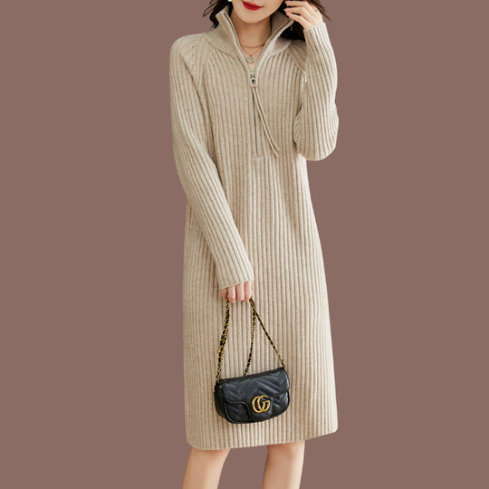 Damen Strickkleid mit steigendem Kragen und strukturierter Ripp-Optik EB