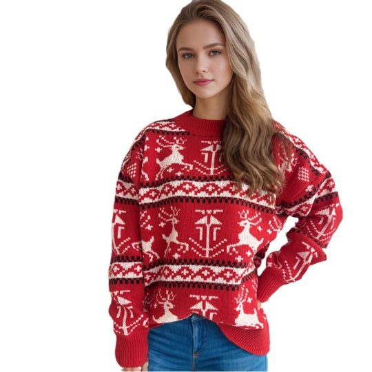 Damen weihnachtlicher Strickpullover mit festlichem Rentierdesign und hohem Kragen EB