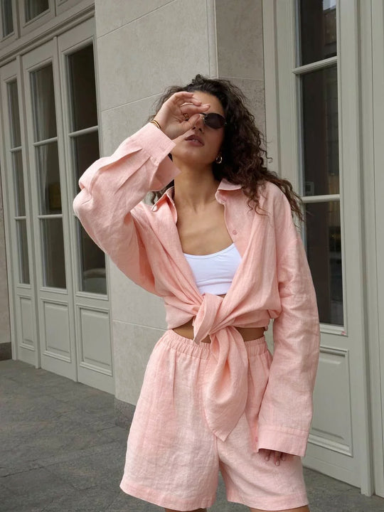 Damen lässige Leinenbluse und Shorts Set EB