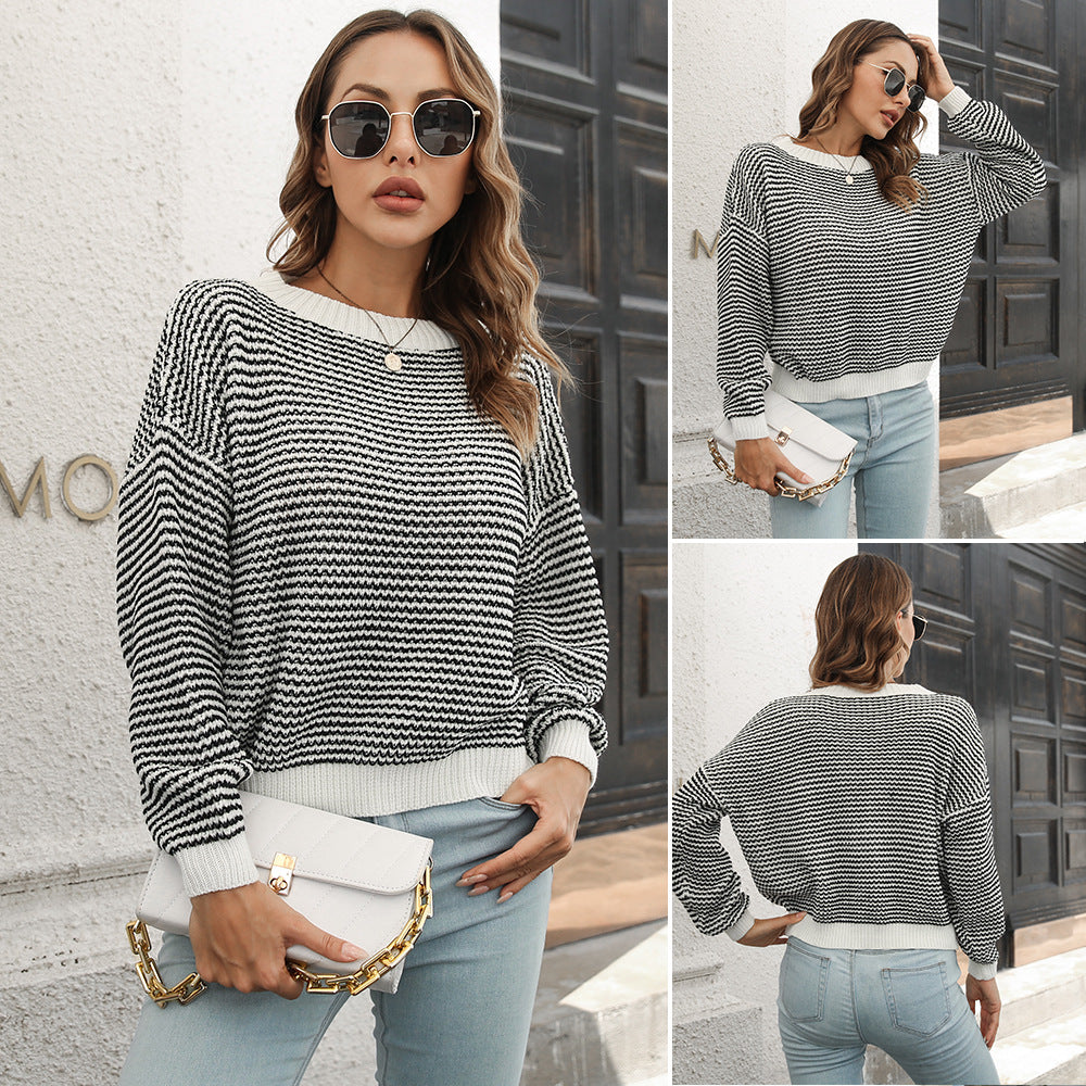 Damen Weit geschnittener Strickpullover mit modernem Wellenmuster und weitem Ausschnitt EB