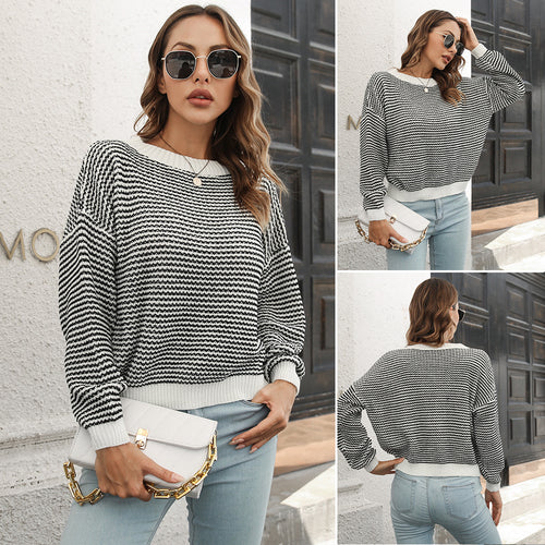Damen Weit geschnittener Strickpullover mit modernem Wellenmuster und weitem Ausschnitt EB