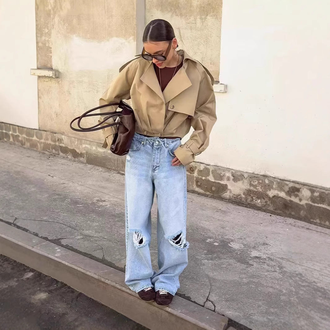 Damen Trendige Cropped Trenchjacke mit innovativen Ärmeln EB