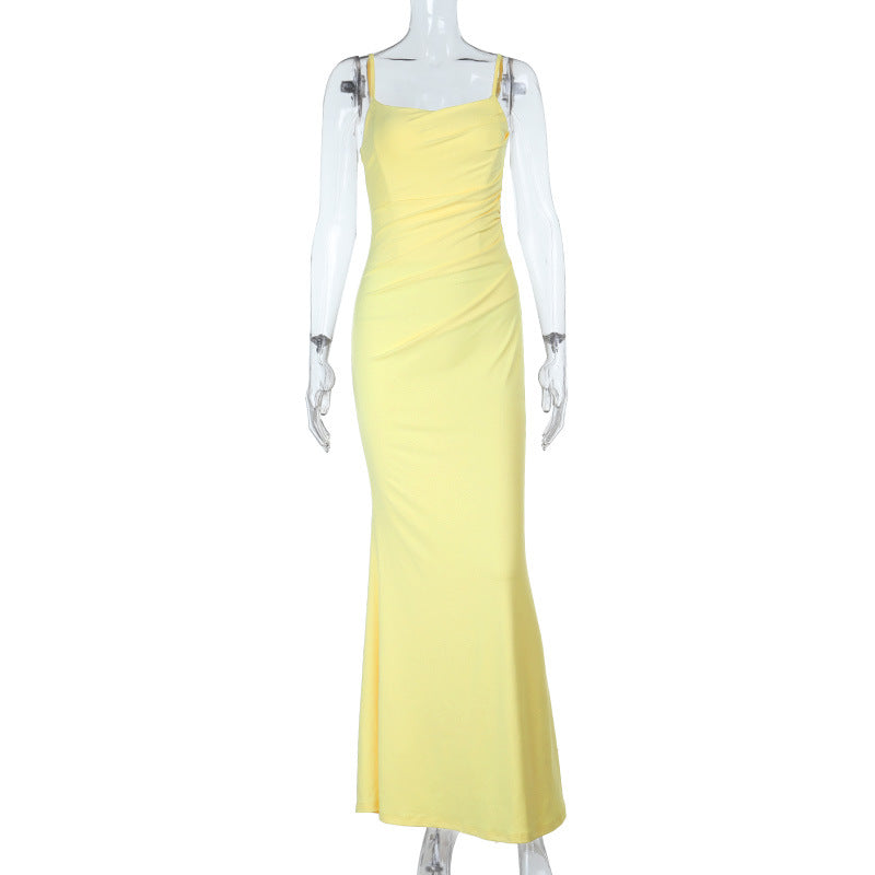Damen figurbetontes Maxikleid mit Spaghettiträgern und raffinierten Rüschendetails EB