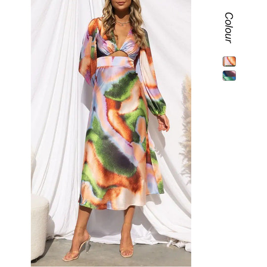 Damen Midi-Kleid mit innovativem Schnitt und farbenfrohem Muster EB