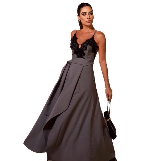 Damen Maxikleid mit Spitzenbesatz und seitlichem Schlitz EB