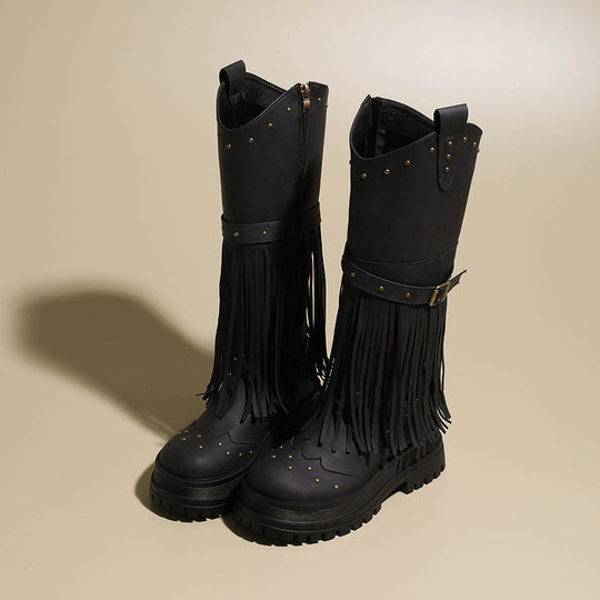 Damen Overknee-Stiefel mit modischem Fransen-Design und robustem Profil EB