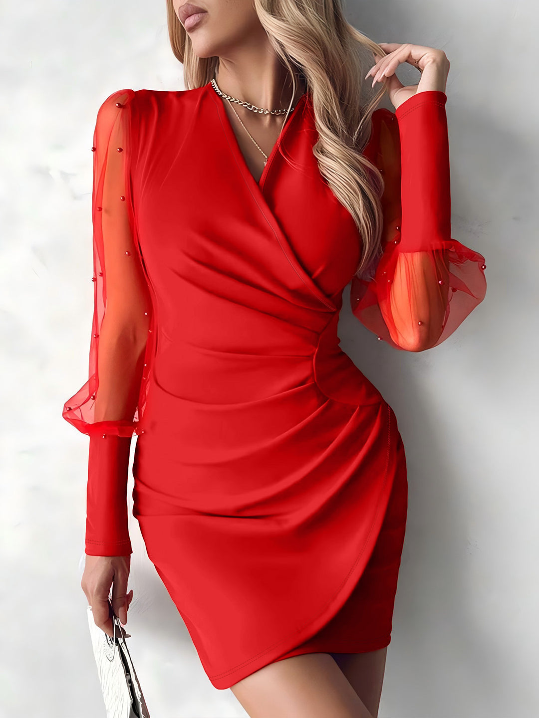 Damen Wickelkleid mit transparenten Puffärmeln und glitzernden Detals EB