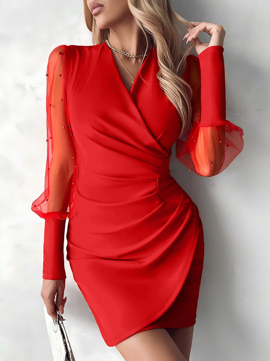 Damen Wickelkleid mit transparenten Puffärmeln und glitzernden Detals EB