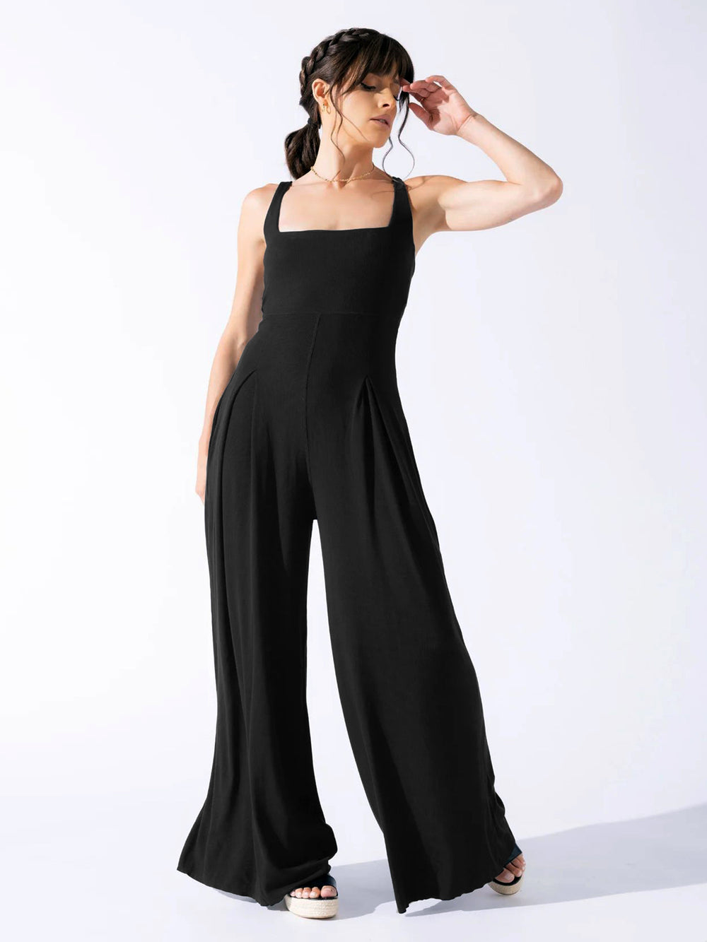 Damen Eleganter Jersey Jumpsuit mit weitem Bein und tiefem Ausschnitt EB