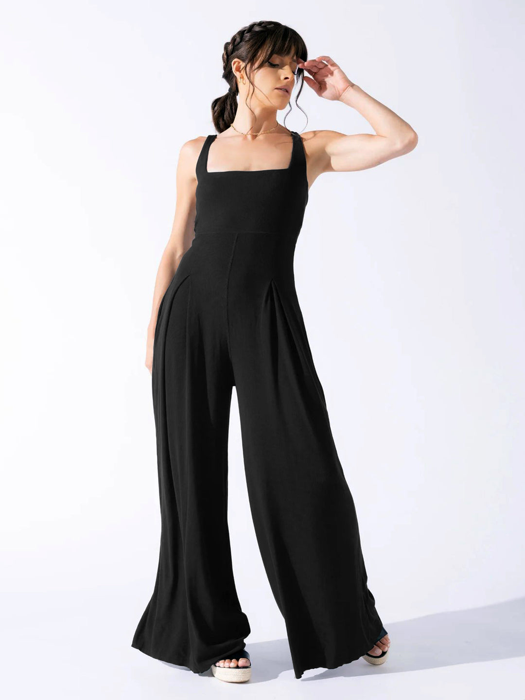 Damen Eleganter Jersey Jumpsuit mit weitem Bein und tiefem Ausschnitt EB