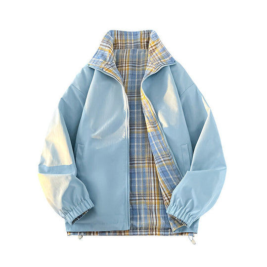 Damen lässige Windjacke mit kariertem Innenfutter und hohem Kragen EB