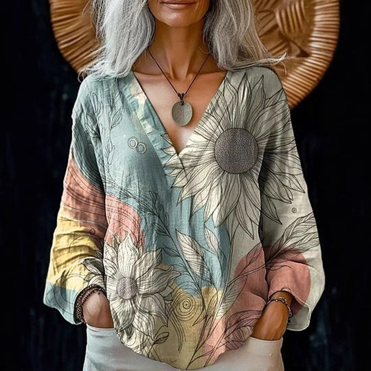 Damen Boho-Leinenmischung Tunika-Bluse mit V-Ausschnitt und floraler Aquarellstickerei EB
