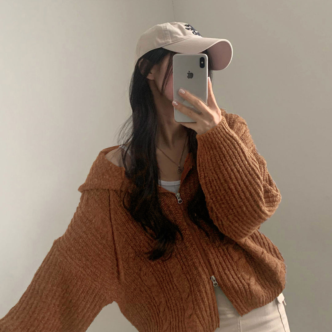 Damen Bequemer Strickjacke mit Kapuze und Reißverschluss EB