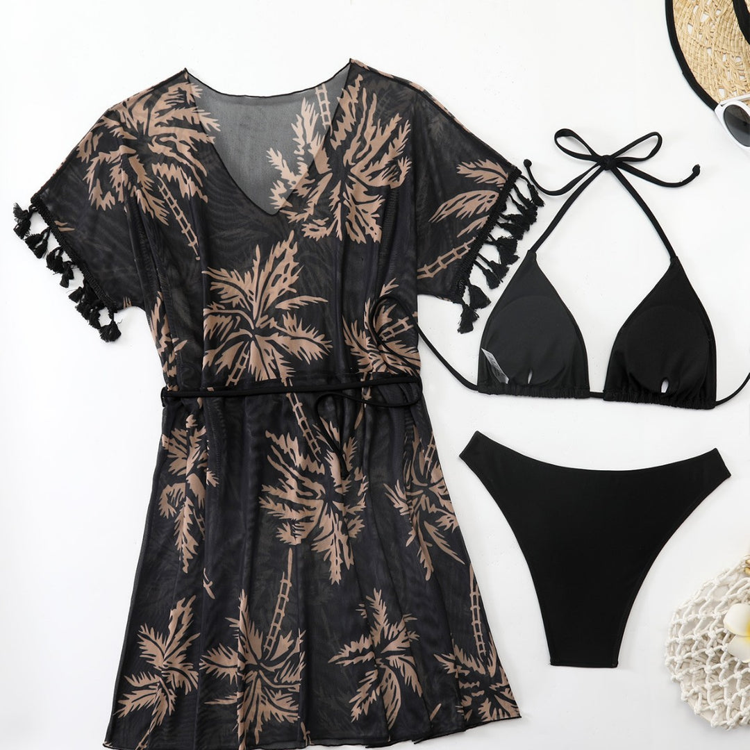 Damen strandtaugliches Kaftan-Set mit modischem Palmendruck EB