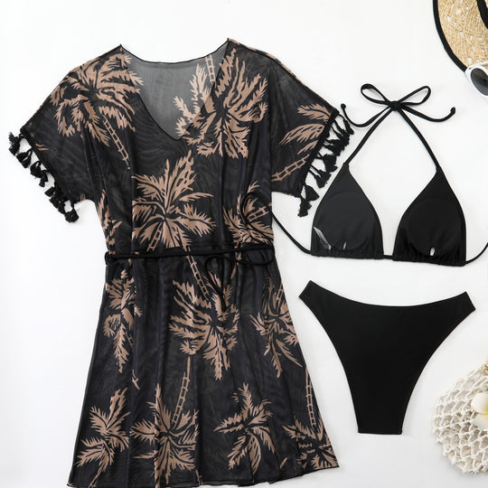 Damen strandtaugliches Kaftan-Set mit modischem Palmendruck EB