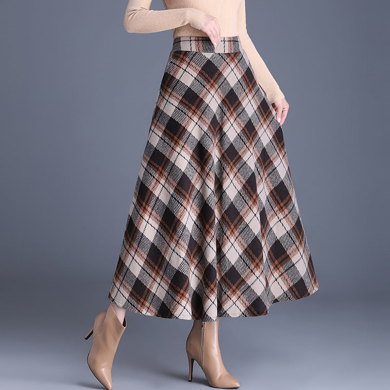 Damen nan weiter karierter Tellerrock aus Wollmix mit hoher Taille und Eingrifftaschen EB