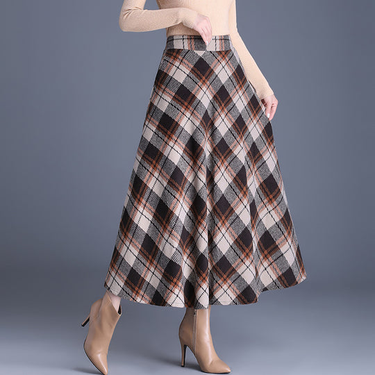 Damen nan weiter karierter Tellerrock aus Wollmix mit hoher Taille und Eingrifftaschen EB