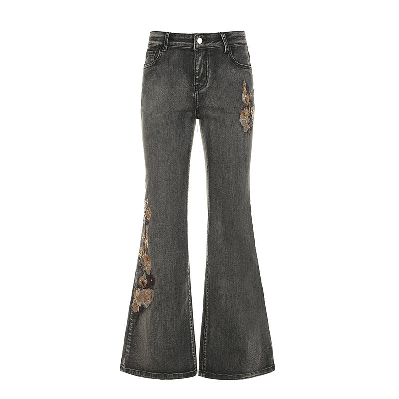 Damen Flared Jeans mit floralem Stickdesign EB
