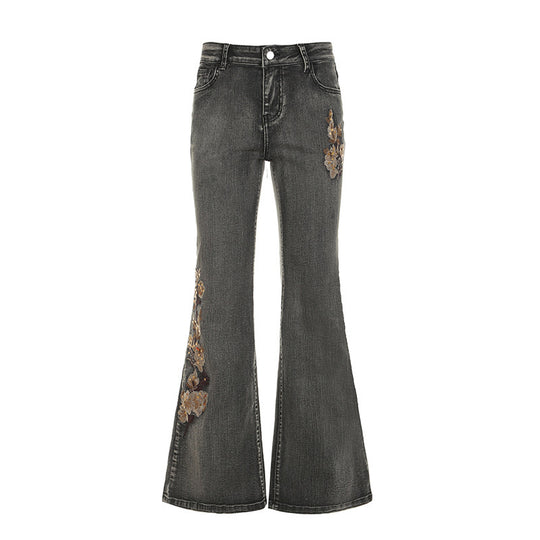 Damen Flared Jeans mit floralem Stickdesign EB