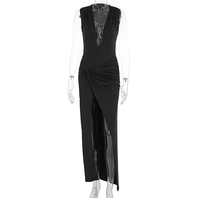 Damen elegantes langes Kleid mit tiefem V-Ausschnitt und raffinierter Raffung EB