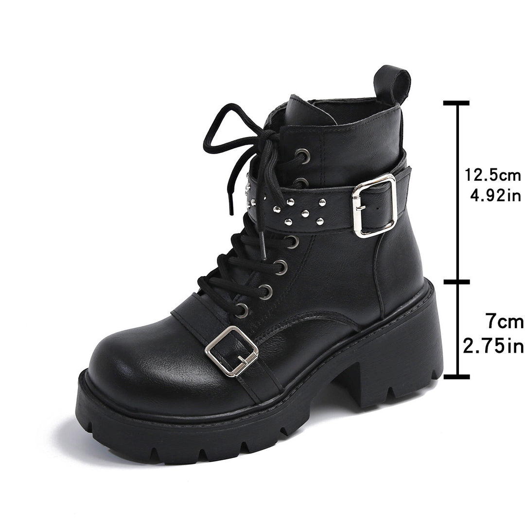 Damen nan robuste Schnür-Bikerboots mit Ziernietriemen, seitlichem Reißverschluss und profilierter Plateausohle EB