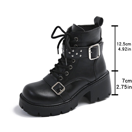 Damen nan robuste Schnür-Bikerboots mit Ziernietriemen, seitlichem Reißverschluss und profilierter Plateausohle EB