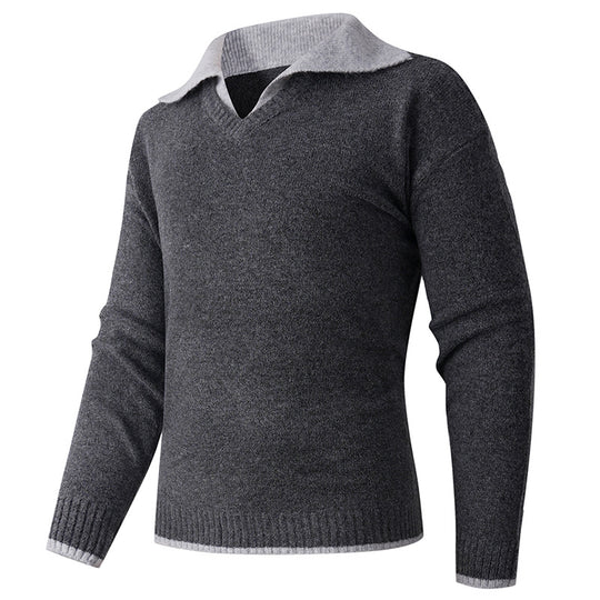 Herren V-Ausschnitt Pullover mit hochwertiger Textur und kontrastierendem Kragen EB