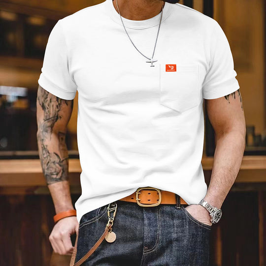 Herren klassisches Kurzarm T-Shirt mit Brusttasche aus hochwertiger Baumwolle EB
