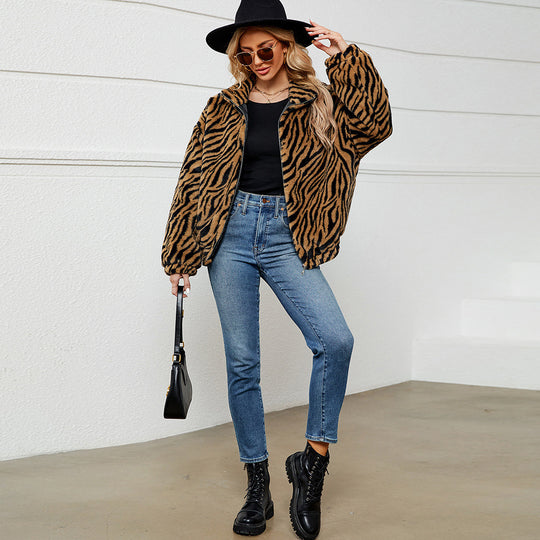 Damen Kuschelige Fleecejacke im Zebradesign EB