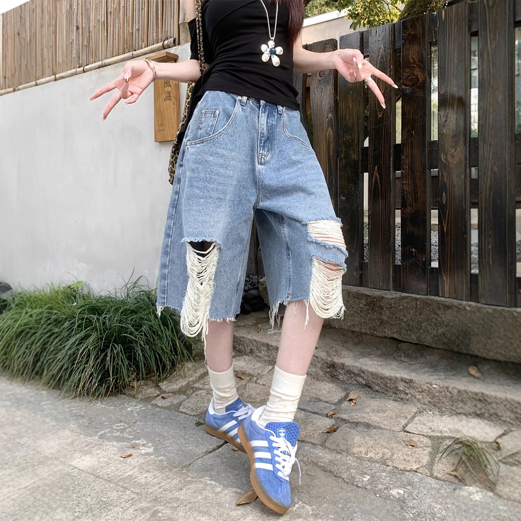 Damen Trendige Denim-Culottes im Destroyed-Look mit hohem Bund EB