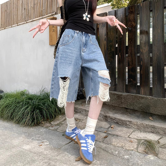 Damen Trendige Denim-Culottes im Destroyed-Look mit hohem Bund EB