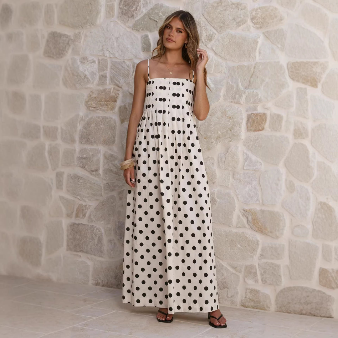 Damen Maxikleid mit verspieltem Punkte-Muster und schulterfreien Trägern EB