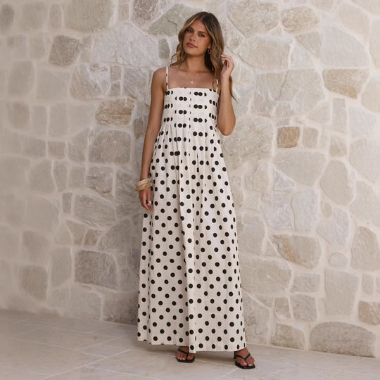 Damen Maxikleid mit verspieltem Punkte-Muster und schulterfreien Trägern EB