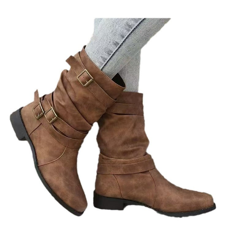Damen nan lässiger mittlerer Schaftstiefel mit weichem Slouch-Effekt, dekorativen Schnallenriemen und robustem Blockabsatz EB