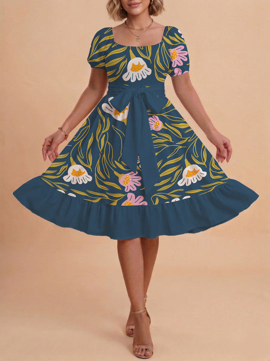 Damen Sommerliches Blumenkleid mit taillierbarem Gürtel und voluminösen Ärmeln EB