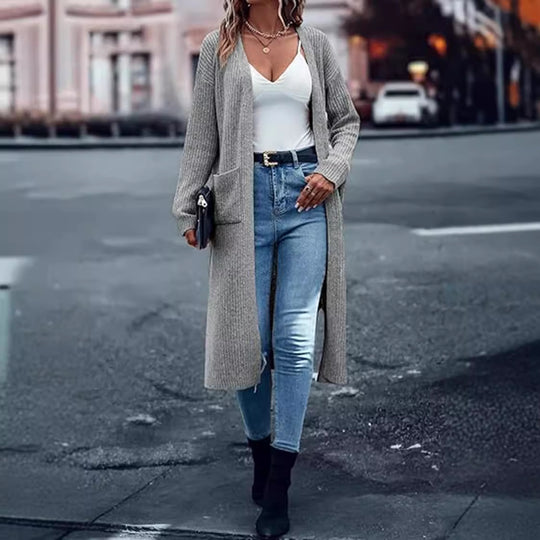 Damen Langer Strickcardigan mit tiefen Taschen und offenem Schnitt EB