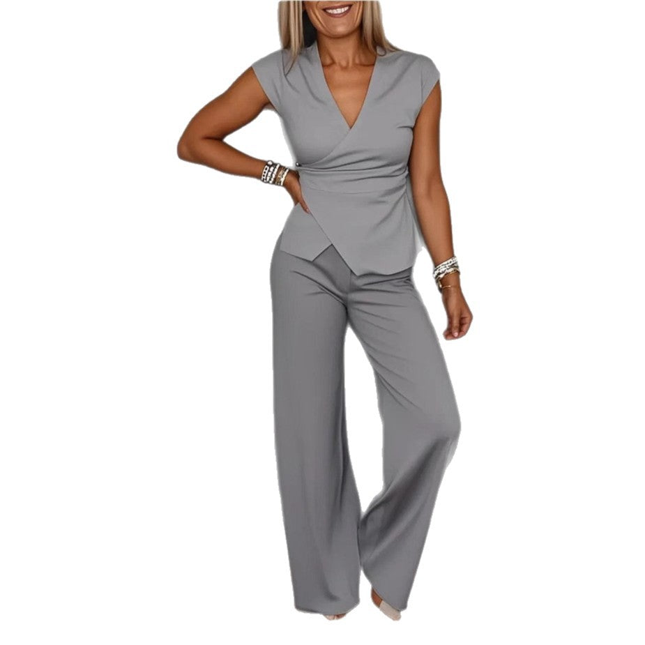 Damen elegantes Wickeloberteil mit weit geschnittenen Hosen EB