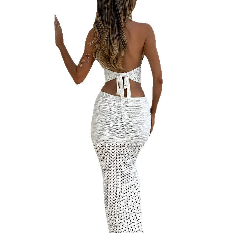 Damen gehäkeltes Maxikleid mit tiefem V-Ausschnitt und figurbetonter Silhouette EB