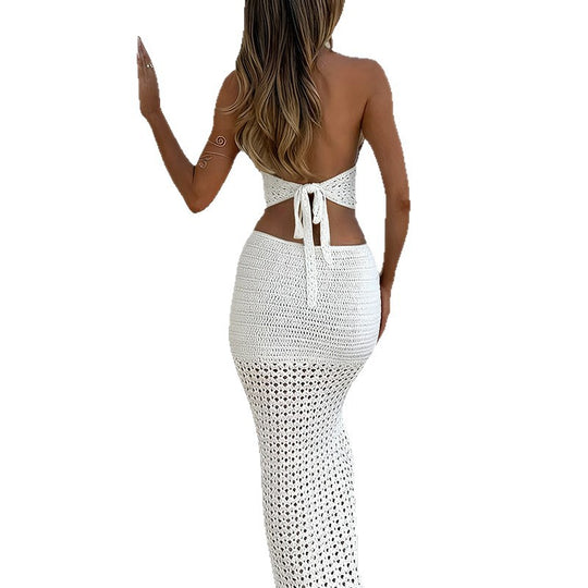 Damen gehäkeltes Maxikleid mit tiefem V-Ausschnitt und figurbetonter Silhouette EB