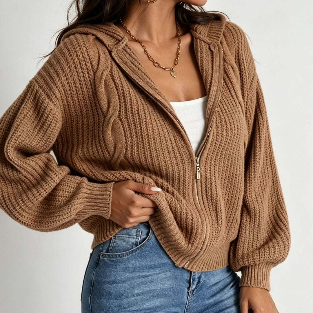 Damen Kapuzen-Cardigan im Grobstrick mit Zopfmuster und Reißverschluss EB
