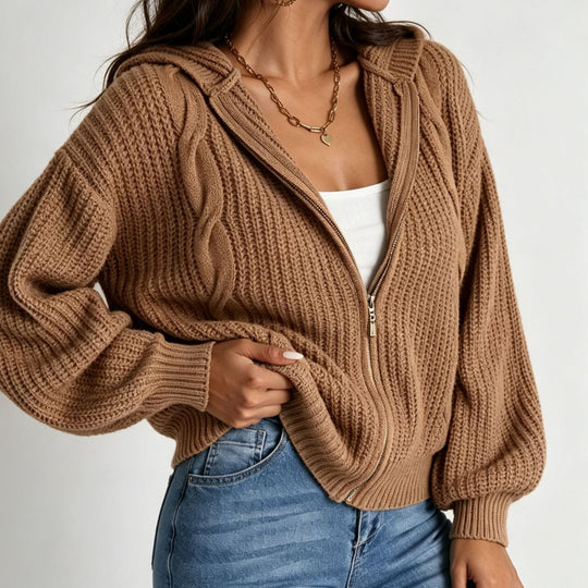 Damen Kapuzen-Cardigan im Grobstrick mit Zopfmuster und Reißverschluss EB