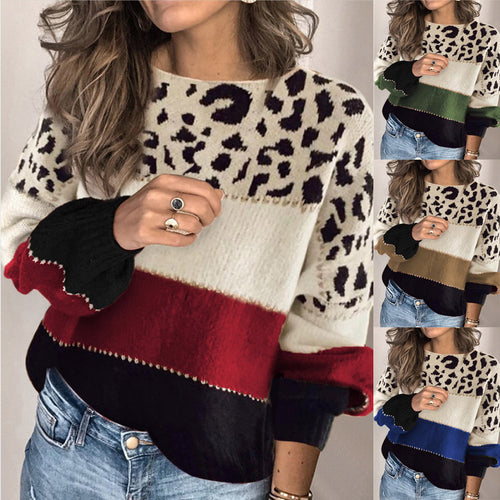 Damen Stylischer Strickpullover mit Leopardenmuster und modischem Farbblockdesign EB