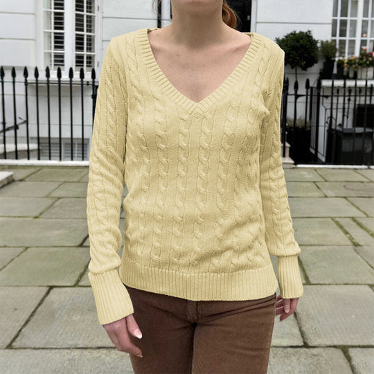 Damen nan Feinstrickpullover mit Zopfmuster, tiefem V‑Ausschnitt und schmaler Bundpassform EB