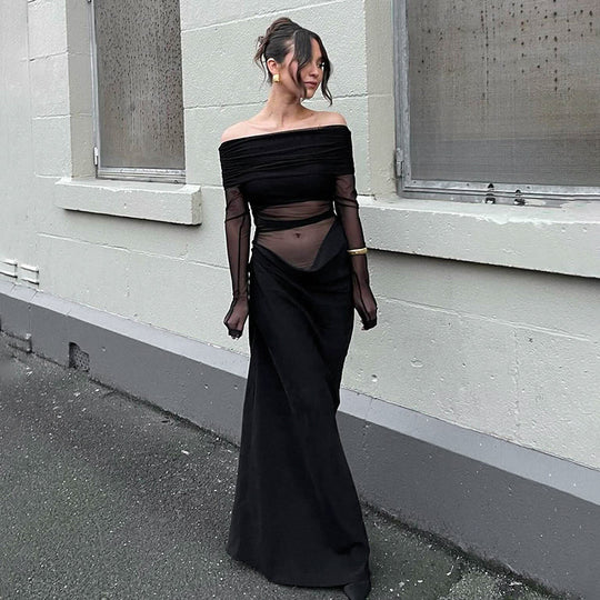 Damen Off-Shoulder Maxikleid mit voluminösem Rüschendesign EB