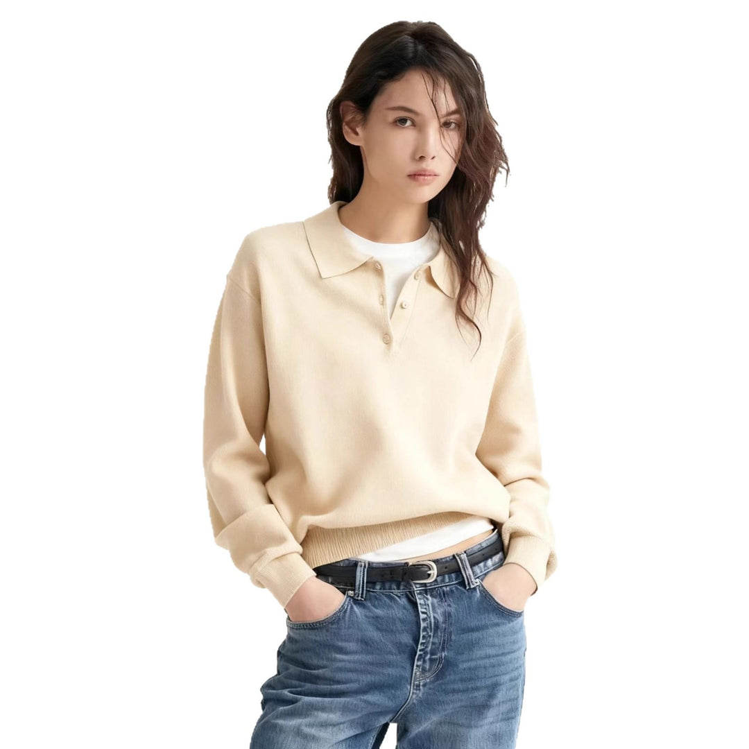 Damen Feinstrick-Polo-Sweater mit Knopfleiste und geripptem Saum EB
