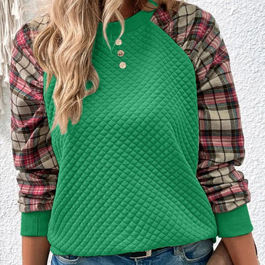 Damen modischer Sweatshirt mit originellem Karomuster und strukturiertem Oberteil EB