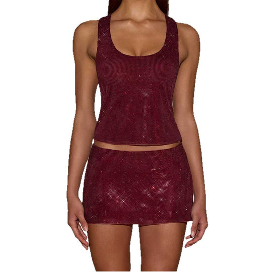 Damen Glitzerndes Sport-Set mit ärmellosem Oberteil und kurzem Rock EB