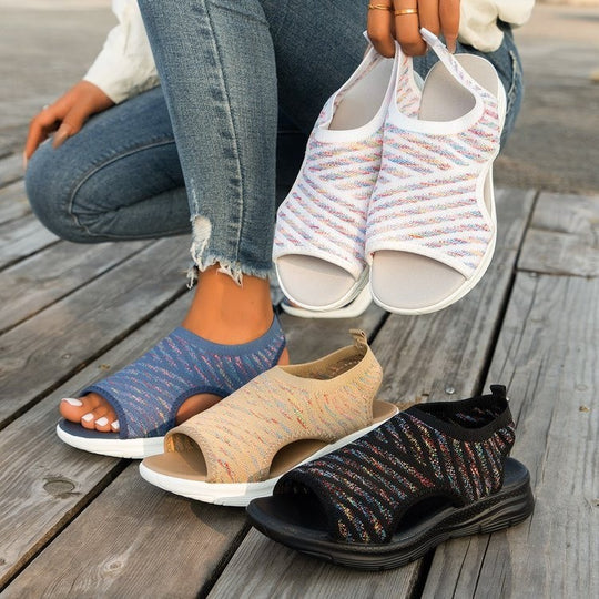 Damen Slip-On Sandalen mit elastischem Strick-Obermaterial und atmungsaktiver Sohle EB