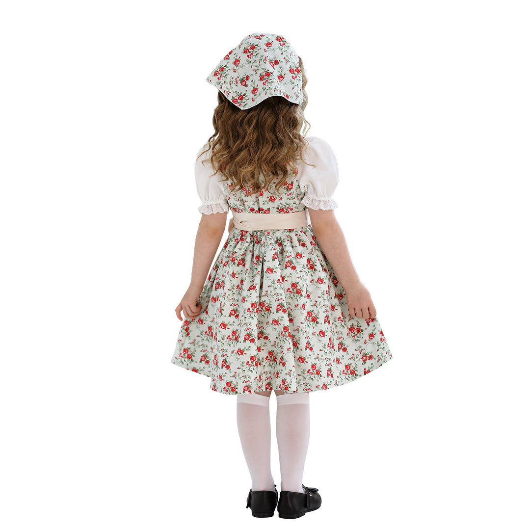 Damen nan traditionelles Dirndlkleid für Mädchen mit bestickter Schürze, Rüschenkragen und passendem Kopftuch EB
